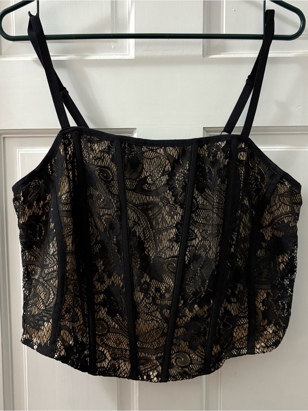 Black Lace Crop Top with Nude Lining